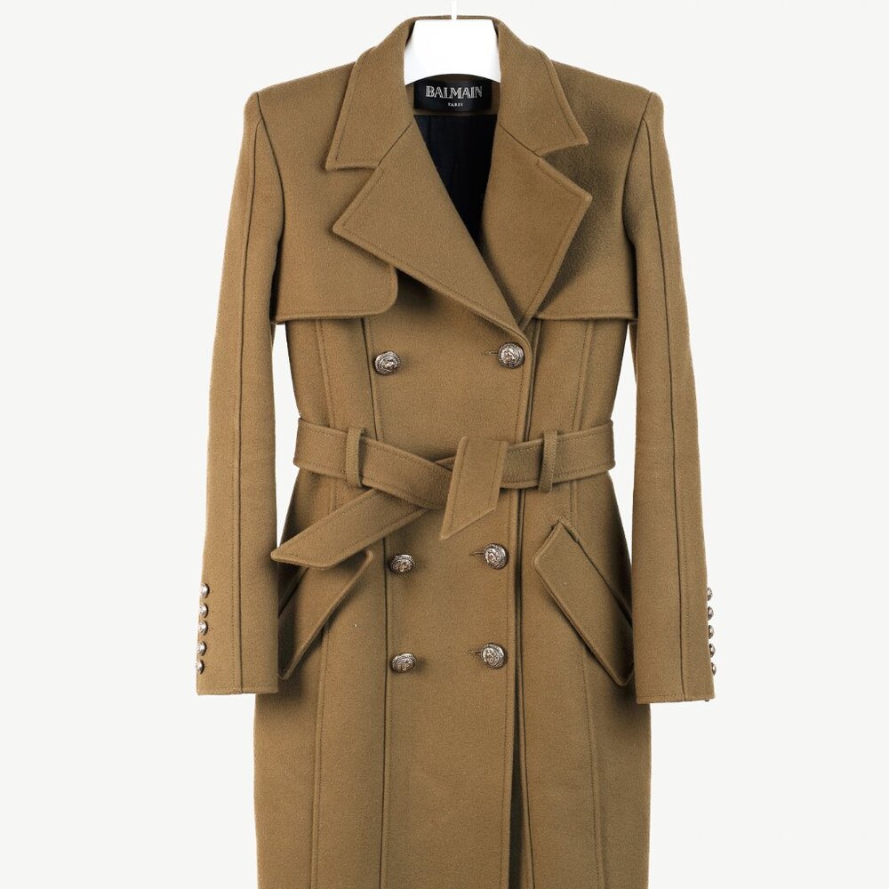 Balmain PF/14 Green Belted Double-Breasted Wool Trench Coat - Picture 2 of 14